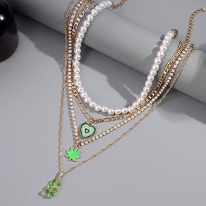 Yummy Gummy Green Leaf Stacked Pearl Necklace