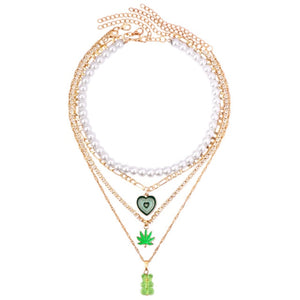 Yummy Gummy Green Leaf Stacked Pearl Necklace
