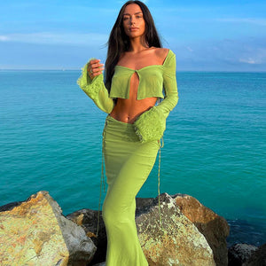 Green Goddess Sheer Lace Sleeve Mermaid Set